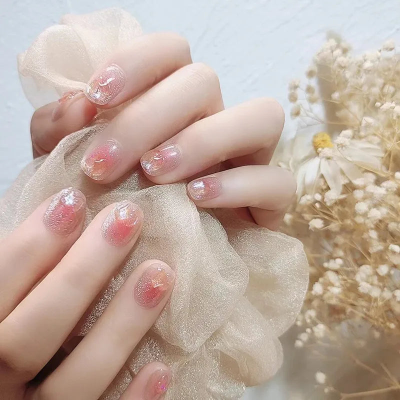 Hnewly Medium Length Fake Nails 3D Flower Pearl Designs Nude Pink Color Press on Nails Ballerina False Nails for Women DIY Manicure