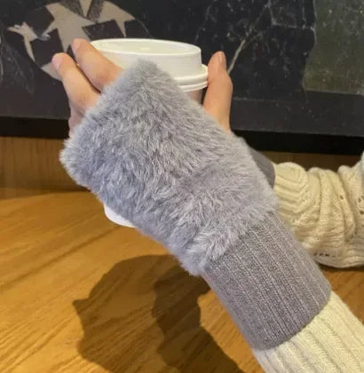 Hnewly Mink Fleece Soft Winter Half Finger Gloves Women Warm Luxury Solid White Plush Knitted Fingerless Gloves Wrist Mittens Writting