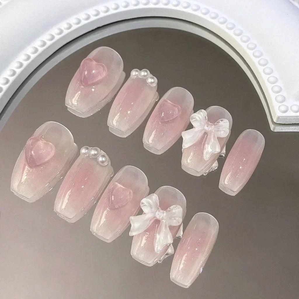 Hnewly Cute Pink Sweet Princess Removable Handmade Wear Nail Art Y2K Vitality Girl Short Fake Nails Blush Bow Nail Patch