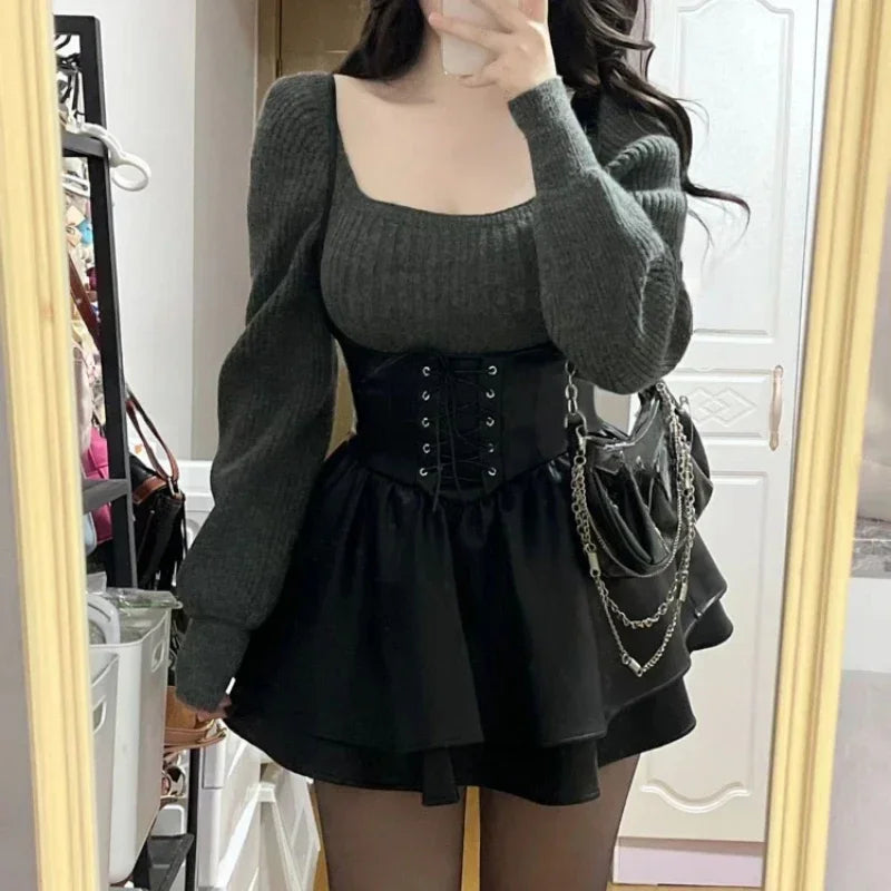 Hnewly New High Waist Leather Black Mini Dress + Casual Knitted Sweater Elegant Clohting Woman Korean Fashion Suit Design Chic