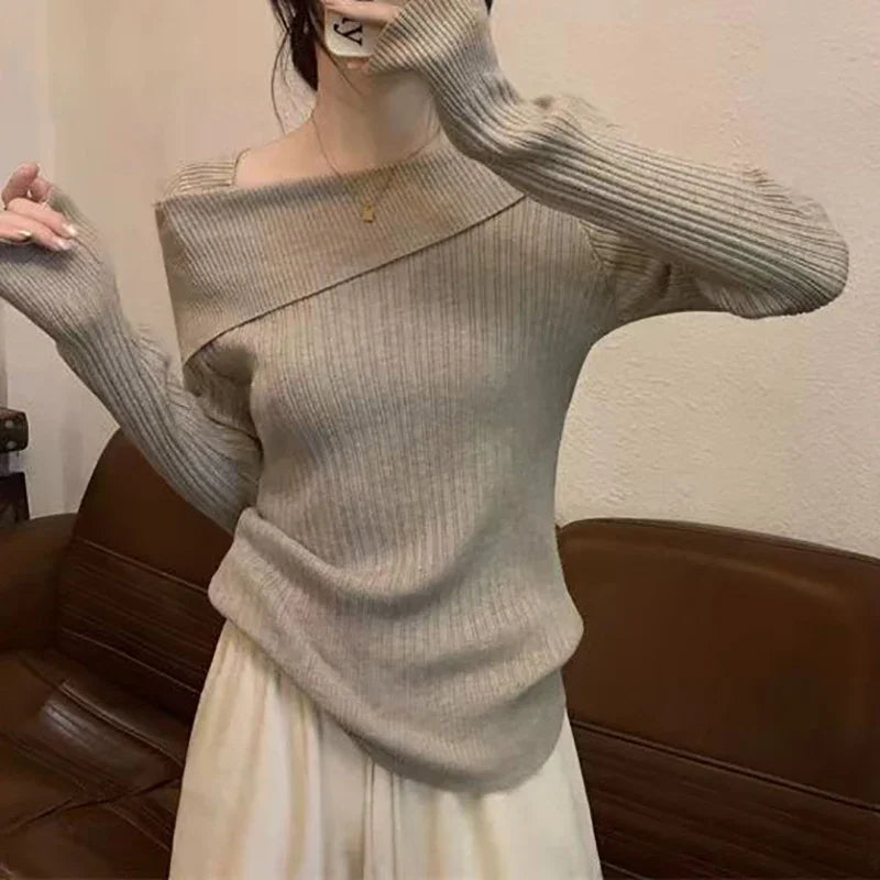 Hnewly trashy outfits Solid Sexy Slim Off Shoulder Slash Neck Long Sleeve Knitting Sweater  Women Jumpers Office Fashion New