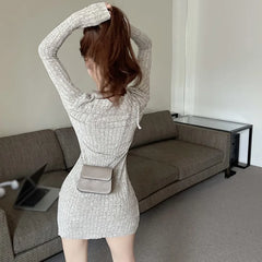 Hnewly FALL OUTFITS Women Long Sleeve Tight Dress Split Short Slim Fit Dress Lady Autumn Hanging Neck Dress Sexy Party Halter Elastic Bodycon Dress