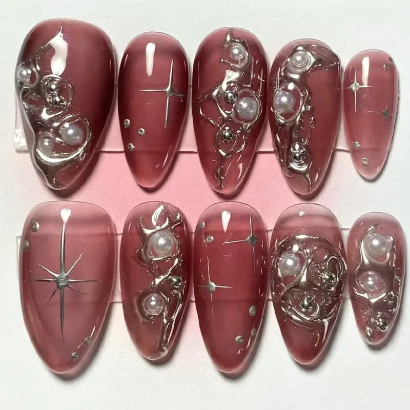 Hnewly 24Pcs Pink Almond False Nails Butterfly Ballet with French Design Wearable Fake Nails Simple Artificial Press on Nails Tips Art