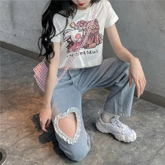 Hnewly Harajuku Cyber Y2k Trousers Sweet Korean Style Kawaii Lace Stitching Jeans Women Love Hole Streetwear High-waist Wide-leg Pants