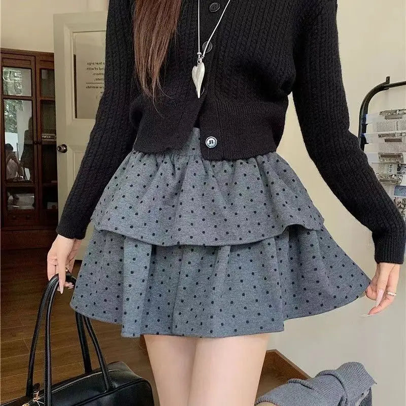 Hnewly Sweet Kawaii Mini Skirt Women Grey Korean Style Elegant Dot Short Skirts Coquette Fashion High Waist Cute Ruffle Skirt