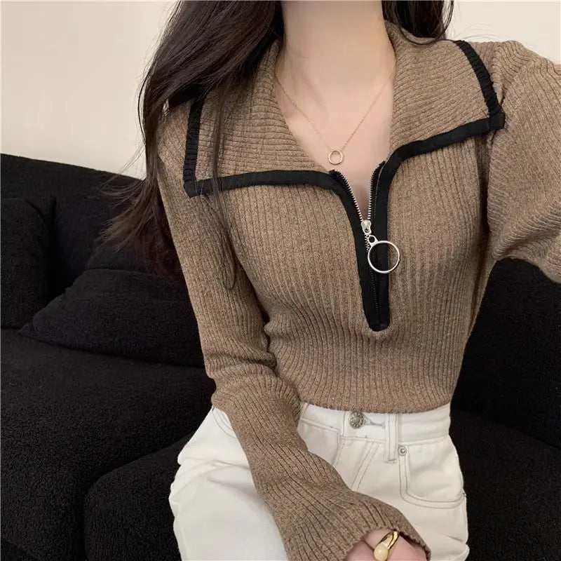 Hnewly warm winter outfits Turn-down Collar Zipper Sweater Women Autumn Winter Fashion Solid Color Slim Knitwear Office Lady All-match Trend Knitting Tops