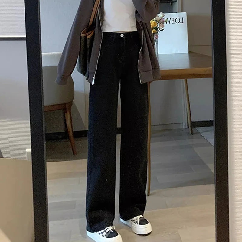 Hnewly Woman Vintage Wide Leg Jeans Girls High Waist Pants Female Fashion Black Black Grey Retro Blue Light Blue Pink Denim Trousers