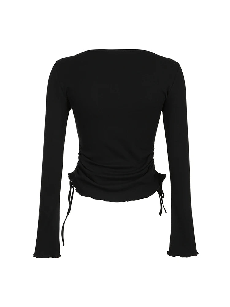 Hnewly Black Solid Ribbed O Neck Slim Long Sleeve Basic Long Sleeve T Shirt Women Side Shirring Lace-Up Chic Fashion Elegant Simple Tee