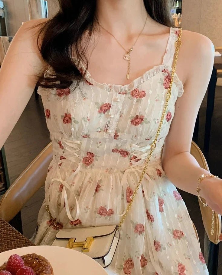 Floral Elegant Slip Dress Women Belt Designer Korean Fashion Party Dress Female Casual Vintage Chic Summer One-piece Dress