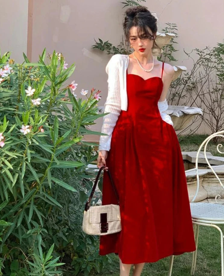 Hnewly NEW YEAR DRESS TO IMPRESS Summer French Vintage Strap Dress Women Red Elegent Korean Party Midi Dress Female Sexy Backless Evening Beach Fairy Dress