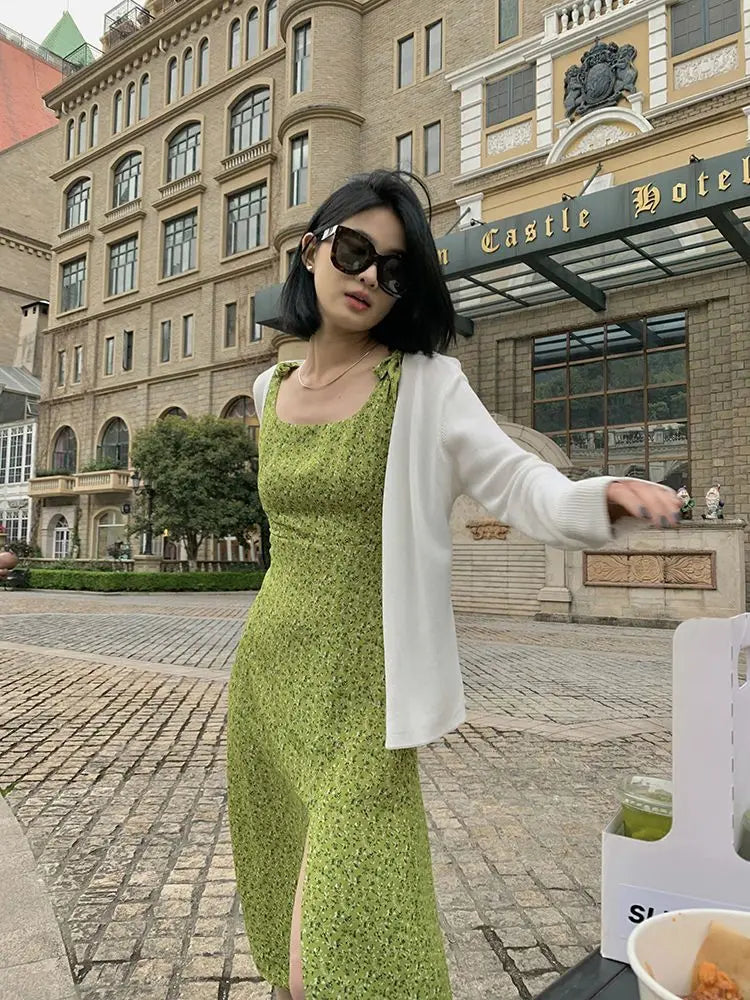 Hnewly Green Elegant Floral Midi Dress Women Casual Vintage Sexy Split Slip Dress Female 2024 Summer Korean Style Slim Club Party Dress