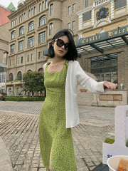 Hnewly Green Elegant Floral Midi Dress Women Casual Vintage Sexy Split Slip Dress Female 2024 Summer Korean Style Slim Club Party Dress