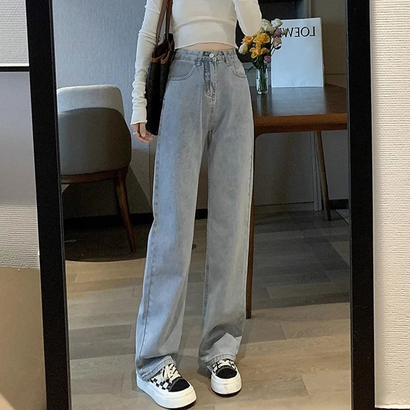 Hnewly Woman Vintage Wide Leg Jeans Girls High Waist Pants Female Fashion Black Black Grey Retro Blue Light Blue Pink Denim Trousers