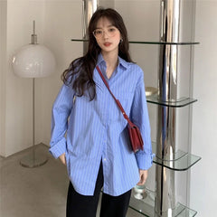 Hnewly Shirts Women Blue Striped Loose Harajuku Long Sleeve Casual Spring Tops Students All-match Fashion Simple Korean Ulzzang Chic BF