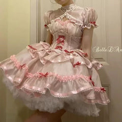 Hnewly DRESS TO IMPRESS Sweet Girls Lolita Jsk Dress Women Vintage Y2k Bow Ruffle Flyling Sleeve Party Princess Dresses Japanese Fairy Ballet Mini Dress