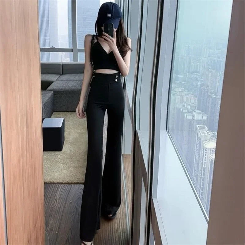 Hnewly Summer Flared Pants Aesthetic Flare Leggings Trousers for Women Korean Style Fluid Fashion High Waist Wide Leg Palazzo Long