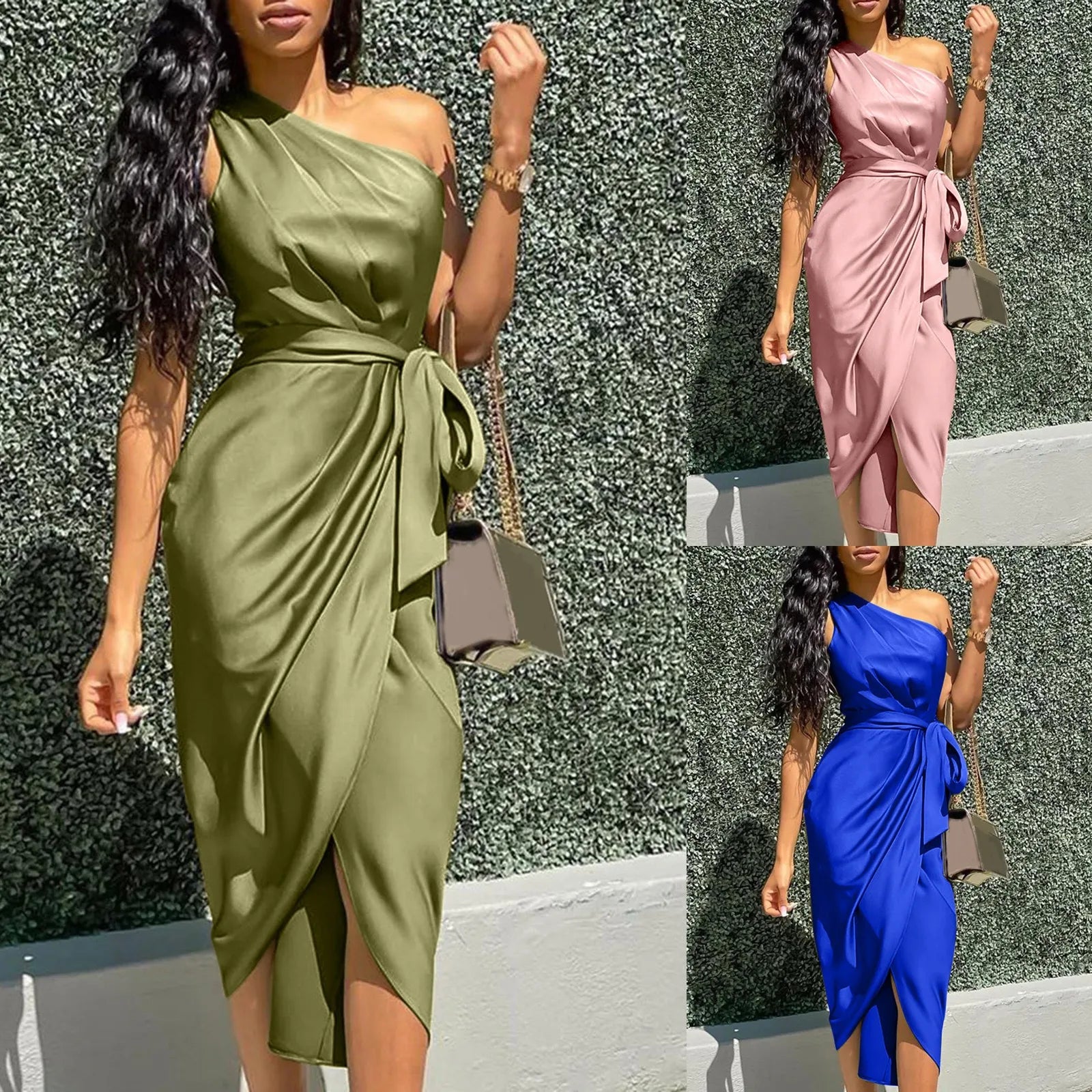 Summer Dresses Women Green Sexy One Shoulder Satin Asymmetrical Ruched Midi Evening Party Prom Dress Gown Bandage Plus Size Robe