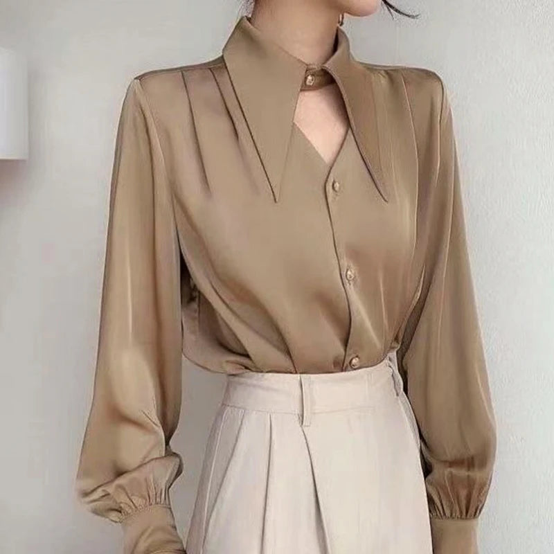 2024 Chic Trend lantern Long Sleeve Shirt Summer New French Hollow Satin Office Lady's V-Neck Elegant Blouses Solid Vintage Top