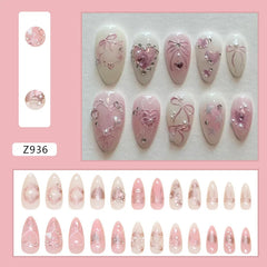 Hnewly 24pcs Sweet False Nail Patches Detachable Fake Nail Tips With Bowknots Love Heart Pearl Design Pink Almond Korean Press On Nail