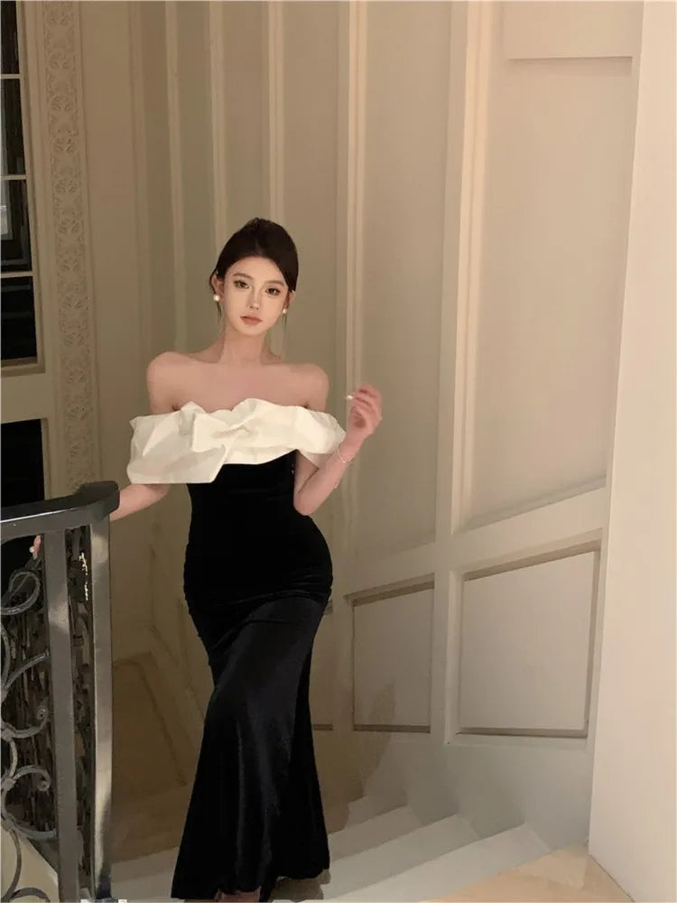 Hnewly DRESS TO IMPRESS Mermaid Dresses Women Sexy Slash Neck Off Shoulder Ruffles Patchwork Elegant Slim Evening Party Dress Female Backless Vintage