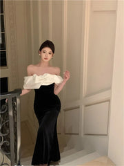 Hnewly DRESS TO IMPRESS Mermaid Dresses Women Sexy Slash Neck Off Shoulder Ruffles Patchwork Elegant Slim Evening Party Dress Female Backless Vintage