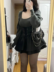 Hnewly New High Waist Leather Black Mini Dress + Casual Knitted Sweater Elegant Clohting Woman Korean Fashion Suit Design Chic