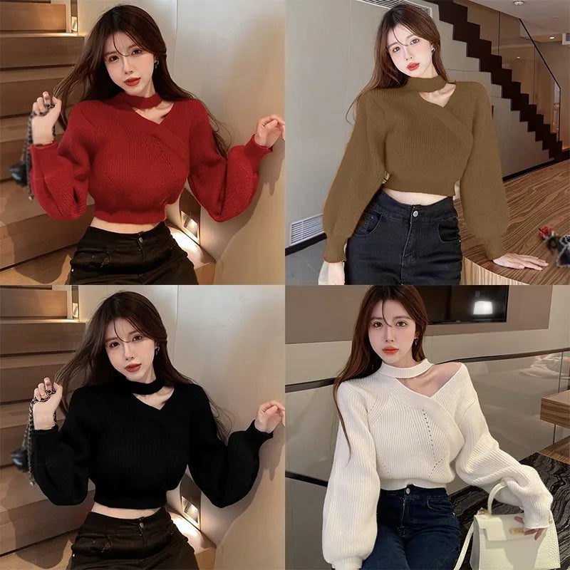 Hnewly Women Christmas Sweater Autumn Winter Long Sleeved Sweater  Warm V-neck Off Shoulder