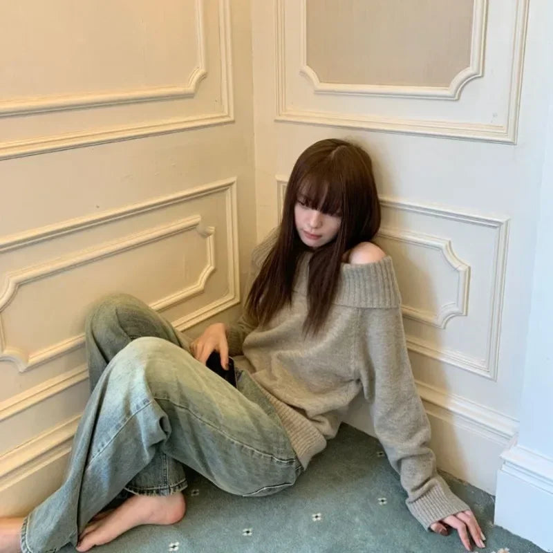 Hnewly Vintage Japanese Style Sweater Women Solid Sexy Off Shoulder Knitwear Y2k Long Sleeve Jumper Slash Neck Causal Harajuku