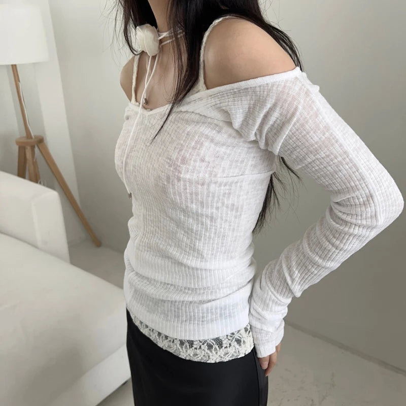 Hnewly Coquette See Through Lace Cami and Pullover Two-piece Top Autumn Spring Chic T-shirts Matching Suit Korean Style Tees