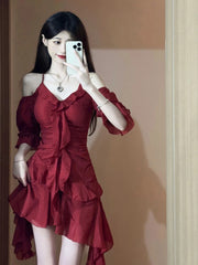 2024 New Red French Elegant Y2k Mini Dress Even Party Short Sleeve Woman Vintage One Piece Dress Korean 90s Fashion Summer Chics