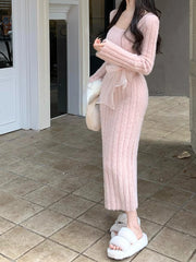 Hnewly Winter Pink Kawaii Y2k Mini Dress Faux Fur Slim Sexy Bodycon Knitted Dress Woman Elegant One Piece Dress Korean Fashion