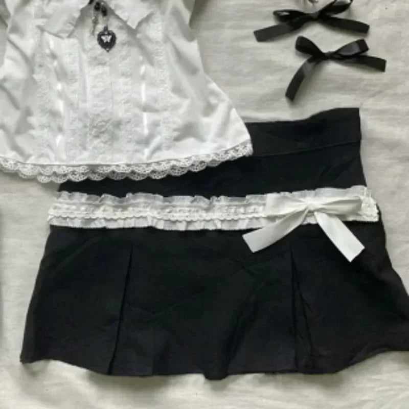 Hnewly Summer New Two Piece Sets Women Japanese Sweet Vintage Lace Slim Short Sleeve Tops + Y2k High Waist Bow Patchwork Skirts