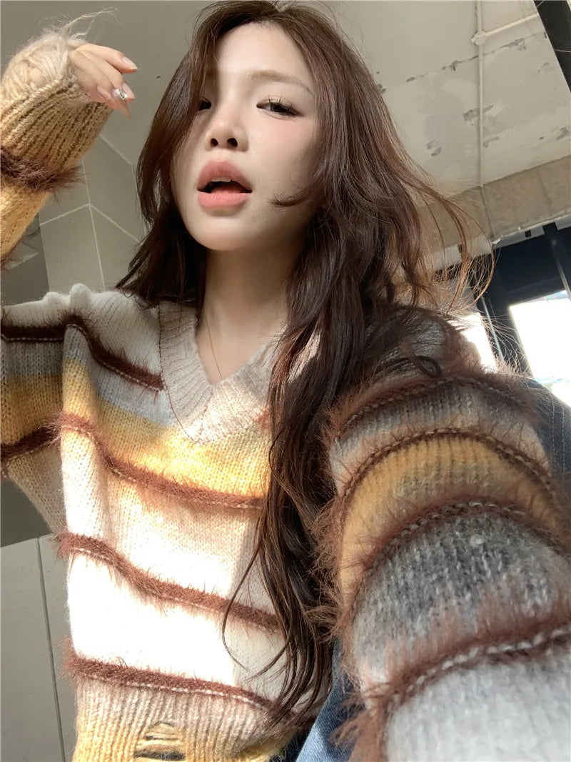 Hnewly Women Striped Pullover Knitted Sweater 90s Aesthetic Harajuku Long Sleeve Sweater Y2k 2000s Vintage Fashion Clothes 2024