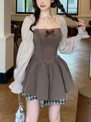 Hnewly Brown French Vintage Princess Dress Women Long Sleeve Sweet Party Mini Dress Female Bow Plaid Japanese Kawaii Elegant Dress