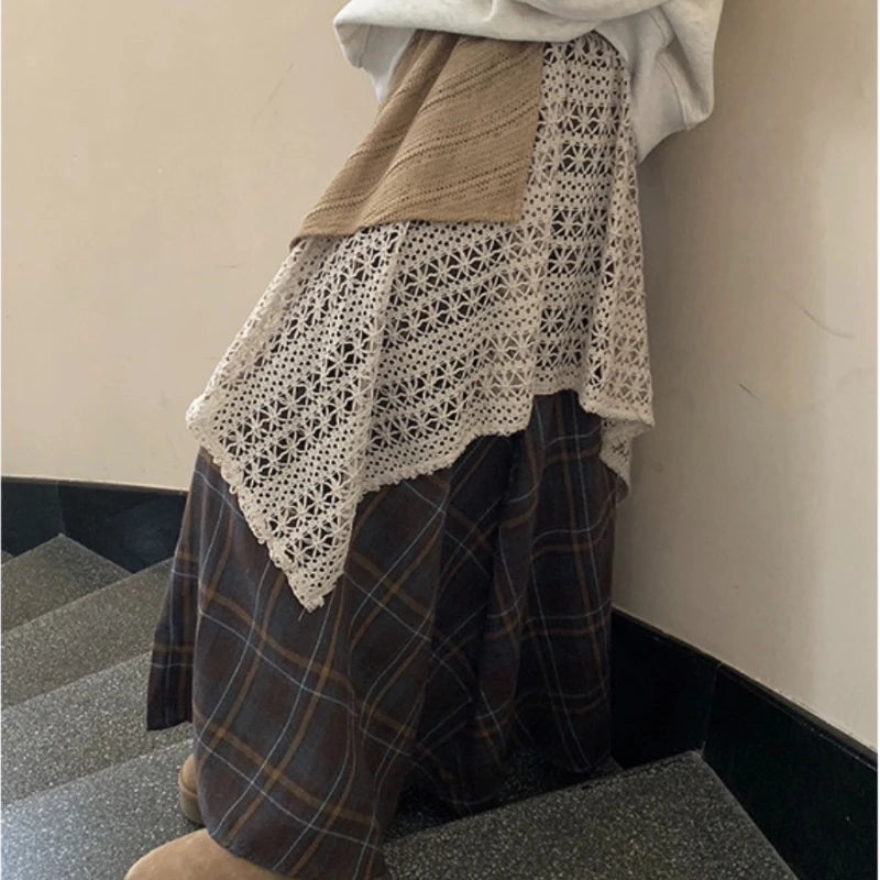 Hnewly Vintage Long Skirt Women Japanese Style Patchwork Plaid Skirts Harajuku Loose Street Casual Ruffle Skirts Aesthetics