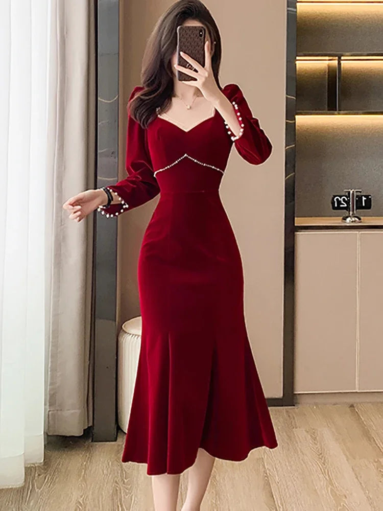 Hnewly Women Red Velvet Elegant Christmas Dress Autumn Winter Chic Diamonds Square Collar Luxury Dress Korean Vintage Night Dress