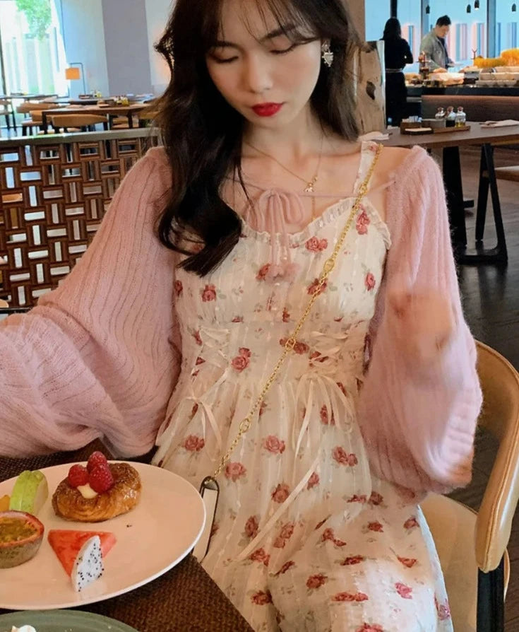 Hnewly Floral Elegant Slip Dress Women Belt Designer Korean Fashion Party Dress Female Casual Vintage Chic Summer One-piece Dress