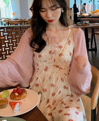 Hnewly Floral Elegant Slip Dress Women Belt Designer Korean Fashion Party Dress Female Casual Vintage Chic Summer One-piece Dress