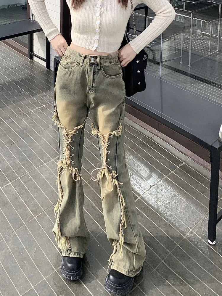 Hnewly trashy outfits Oversize American Retro Straight Casual Pants Y2k Grunge High Waist Loose Wide Leg  2024 New Bell Bottom Jeans Women