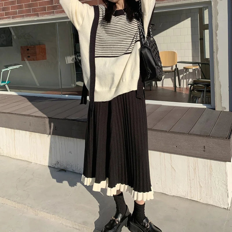 Hnewly DRESS TO IMPRESS Japanese Vintage Knitted Skirt Women Black Patchwork Party Korean Y2k Skirt Female 2021 Winter Casual High Street Gothic Clothes