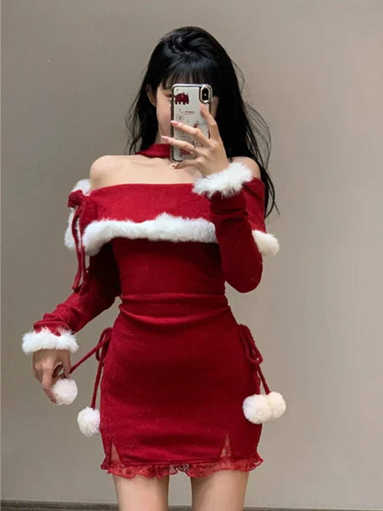 Hnewly Christmas New Years Bodycon Knitted Mini Dress Women Casual Long Sleeve Sweet Elegant Even Party One Piece Dress Korean Fur