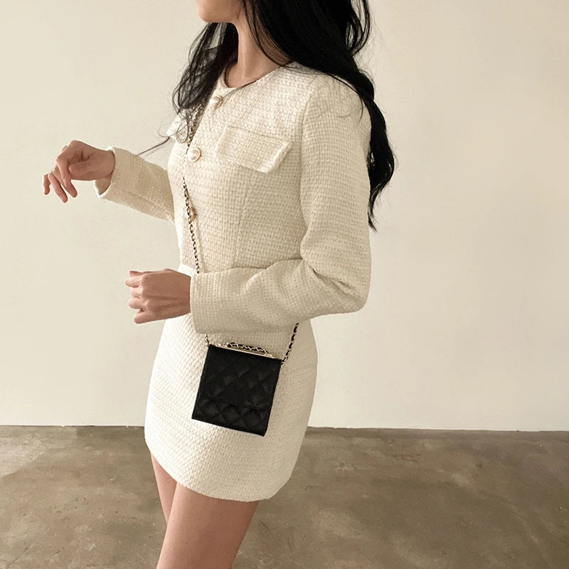 Hnewly FALL OUTFITS Women Outfits Tweed 2 Two Piece Sets Long Sleeve Pearl Buttons Short Jacket and A-line Mini Skirt Set Fall Spring