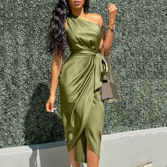 Hnewly Summer Dresses Women Green Sexy One Shoulder Satin Asymmetrical Ruched Midi Evening Party Prom Dress Gown Bandage Plus Size Robe