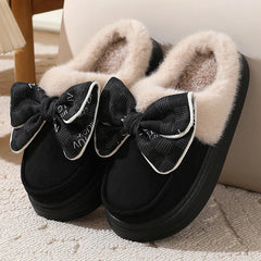 Hnewly Women's Warm Home Slippers Cute Autumn Winter Bow Thick Plush Non-Slip Leisure Shoes Soft Bedroom Platform Flat Slides