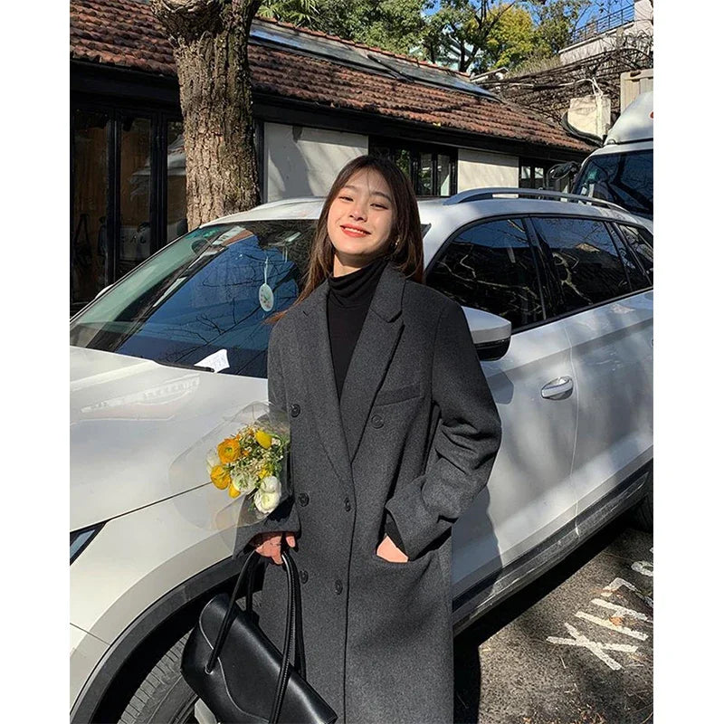 Hnewly outfit inspo winter Long Wool Blends Coats Women Streetwear Black Blazer Korean Quilted Woolen Jackets Winter Elegant Overcoat Thick Outerwear