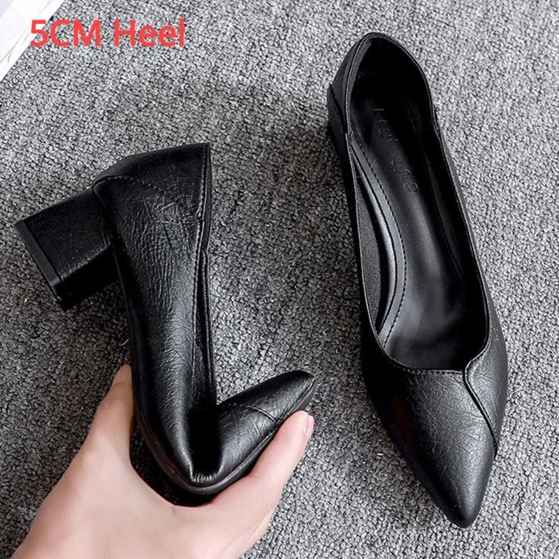 Hnewly 3-5cm Chunky Heeled Women Shoes Square Heel Leather Shoes Pumps Zapatos De Mujer Fashion Designer Office Ladies Single Shoe