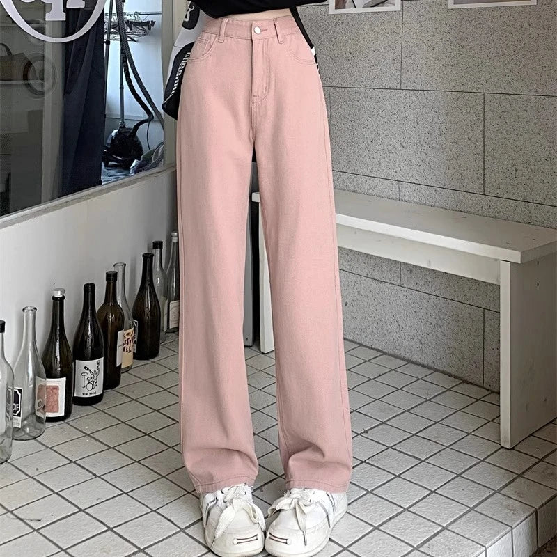 Hnewly Woman Vintage Wide Leg Jeans Girls High Waist Pants Female Fashion Black Black Grey Retro Blue Light Blue Pink Denim Trousers