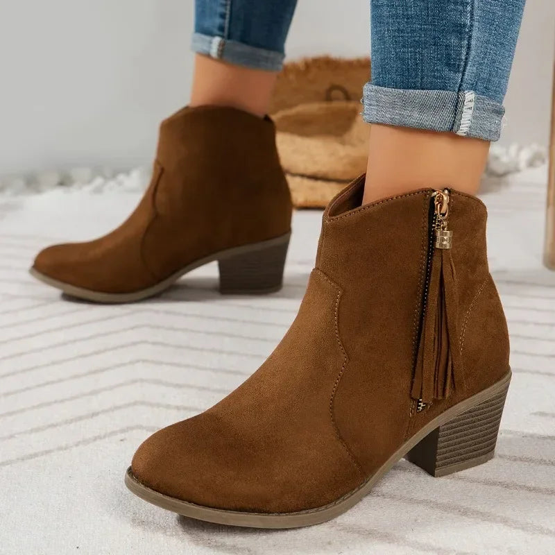 Hnewly outfit inspo winter Shoes for Women Hot Sale Ankle Women's Boots Retro Modern Boots Women Fringe Side Zip Pointed Toe Chunky Heel Shoes Female