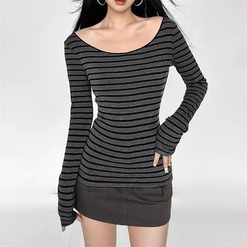 Hnewly Y2K Grunge Emo 00s Vintage T-Shirt Black Grey Striped Off Shoulder Long Sleeve Jumper Top Chic Women Autumn Retro Goth Tee Shirt