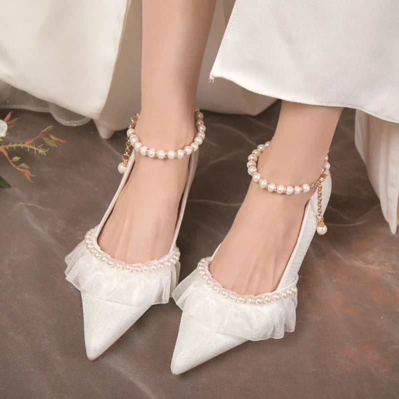 Hnewly Pearl Ankle Strap Thin Heel Pumps Women Sexy Lace String Bead Party Wedding Shoes Woman Autumn Pointed Toe High Heels Pumps